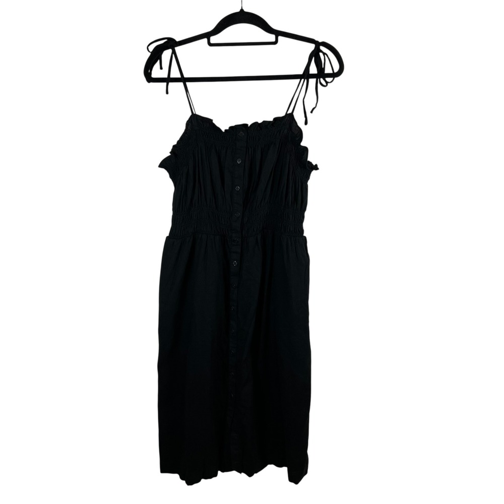 Universal Thread Black Linen Blend Button Front Smocked Tie Strap Midi Dress XXL